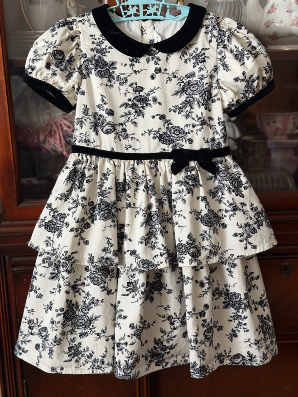 Janie and Jack Girls Cream and sugar Floral  toile Dress Black velvet Trim - Picture 11 of 11